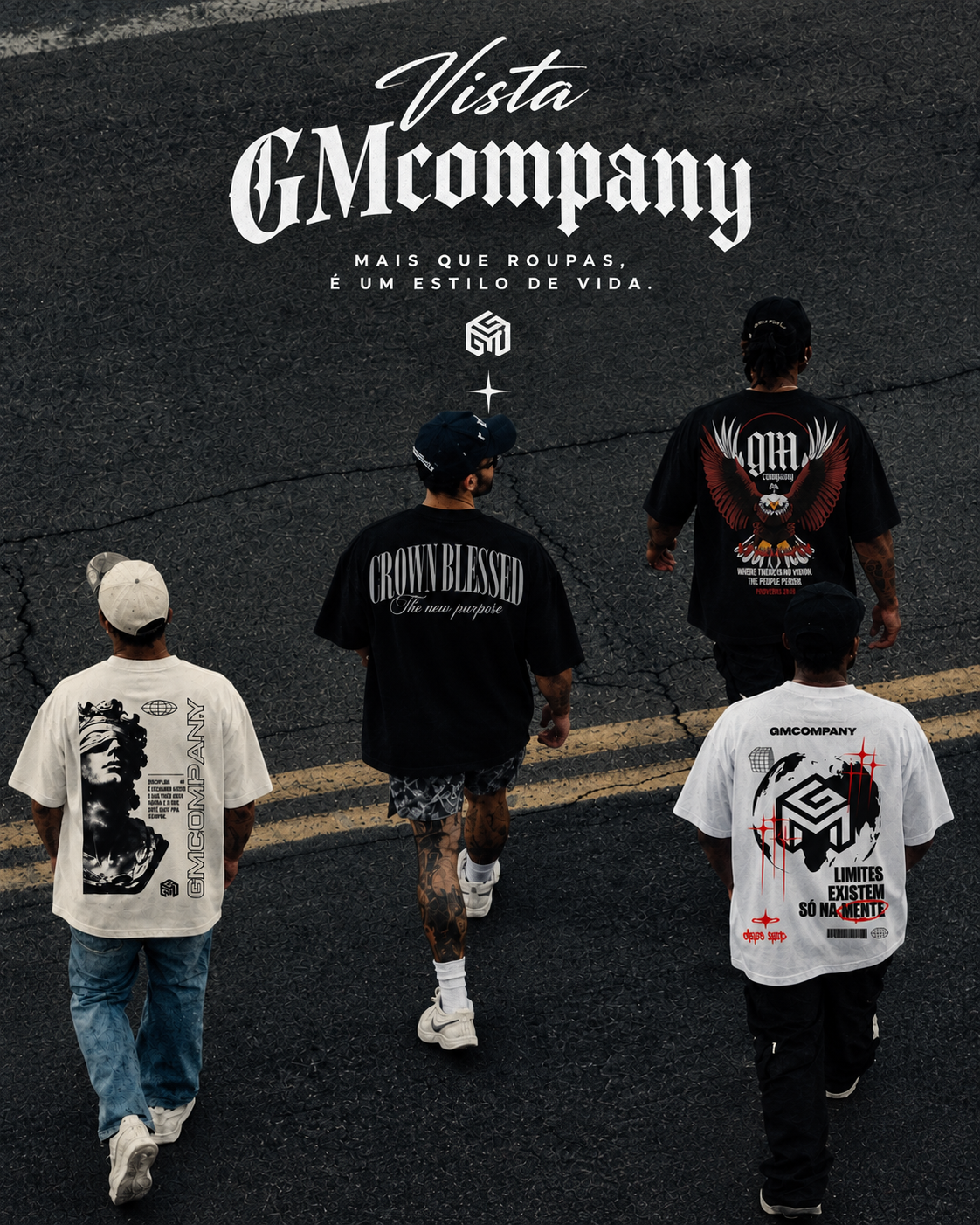 Campanha GM COMPANY com quatro pessoas vestindo camisetas da marca